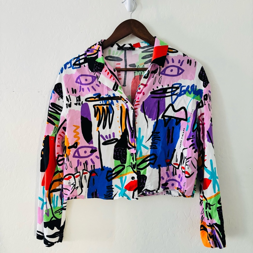 Bershka‎ Picasso-style Multicolor Abstract Print Cropped Button Up Shirt Medium